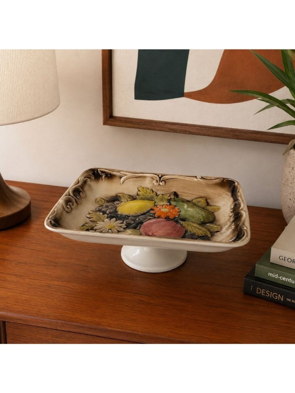 Mid Century Fruit Ceramic Rectangle Pedestal Serving Platter 3D Console Dish Vtg